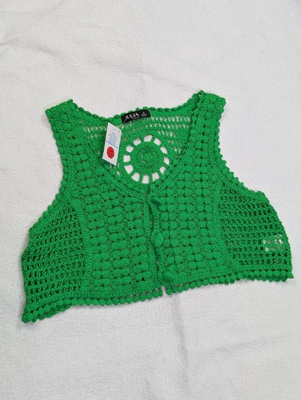 Julia by Love J Boho Crochet floral Crop Tank Top Size Small Button Scoop Green